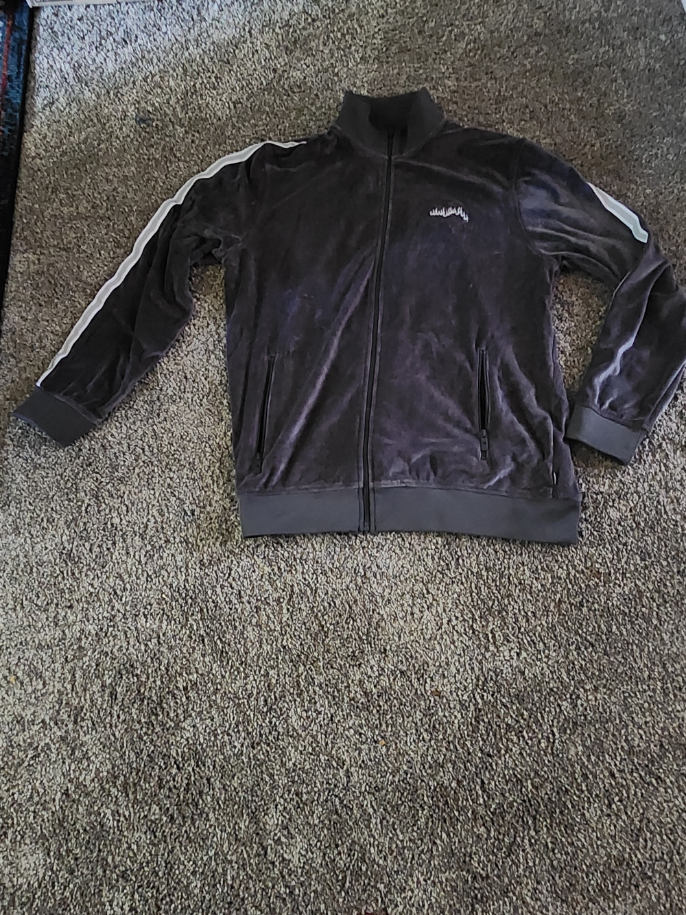Men's Grey Velour Track Jacket And Pants Suit with Contrast Stripes